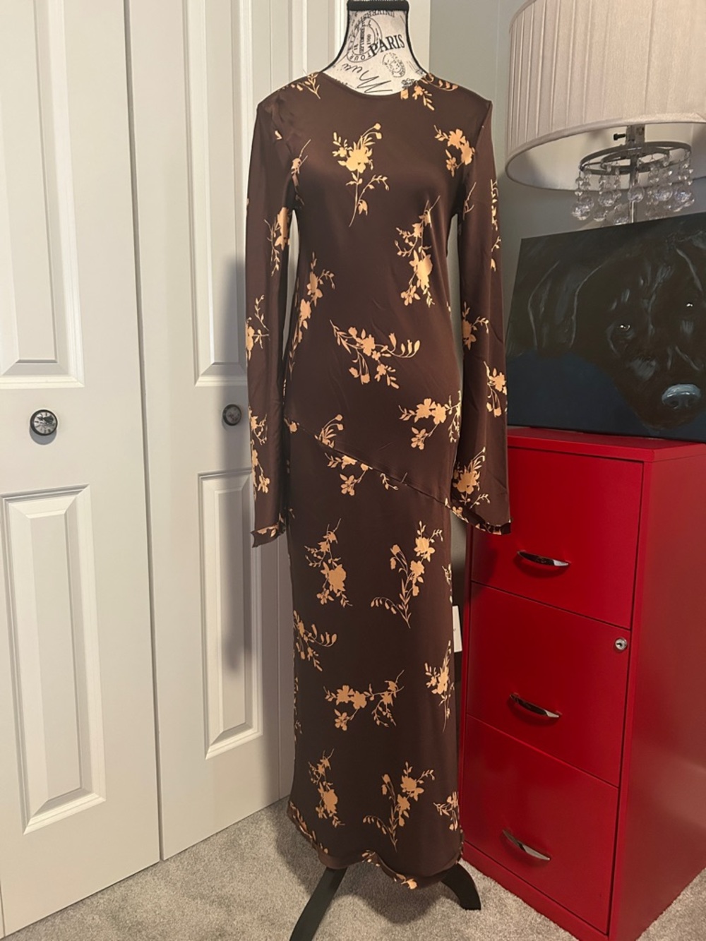NWT Brown Floral Long-Sleeve Reversible Maxi Dress
